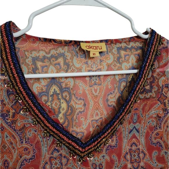 Akaru Beautiful Mosaic Print Blouse w/Beaded Neckline, XL - Picture 3 of 9